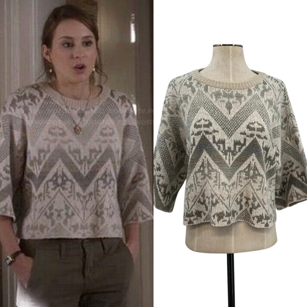 Free People Superstar Pullover Sweater Cropped Geometric Print Cream‎ Medium